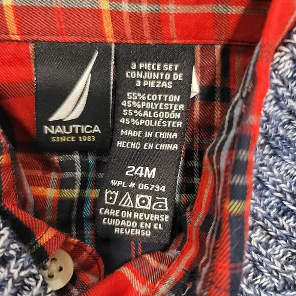 NWT Nautica Boys 24M Sweater & Shirt Set Red Plaid Blue Collar Cardigan Preppy - Picture 4 of 5